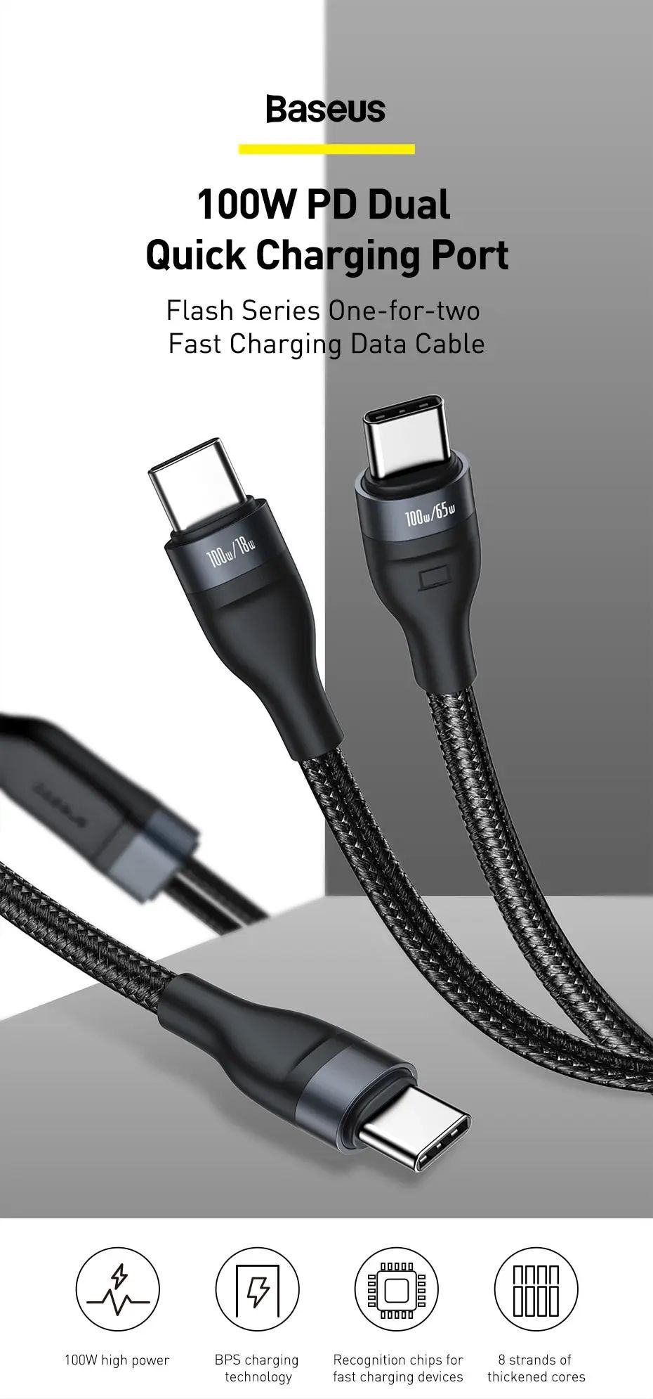 Cáp Sạc Nhanh Baseus 2 in 1 Flash Series Fast Charging Data Cable Type-C to C+C100W QC 4.0