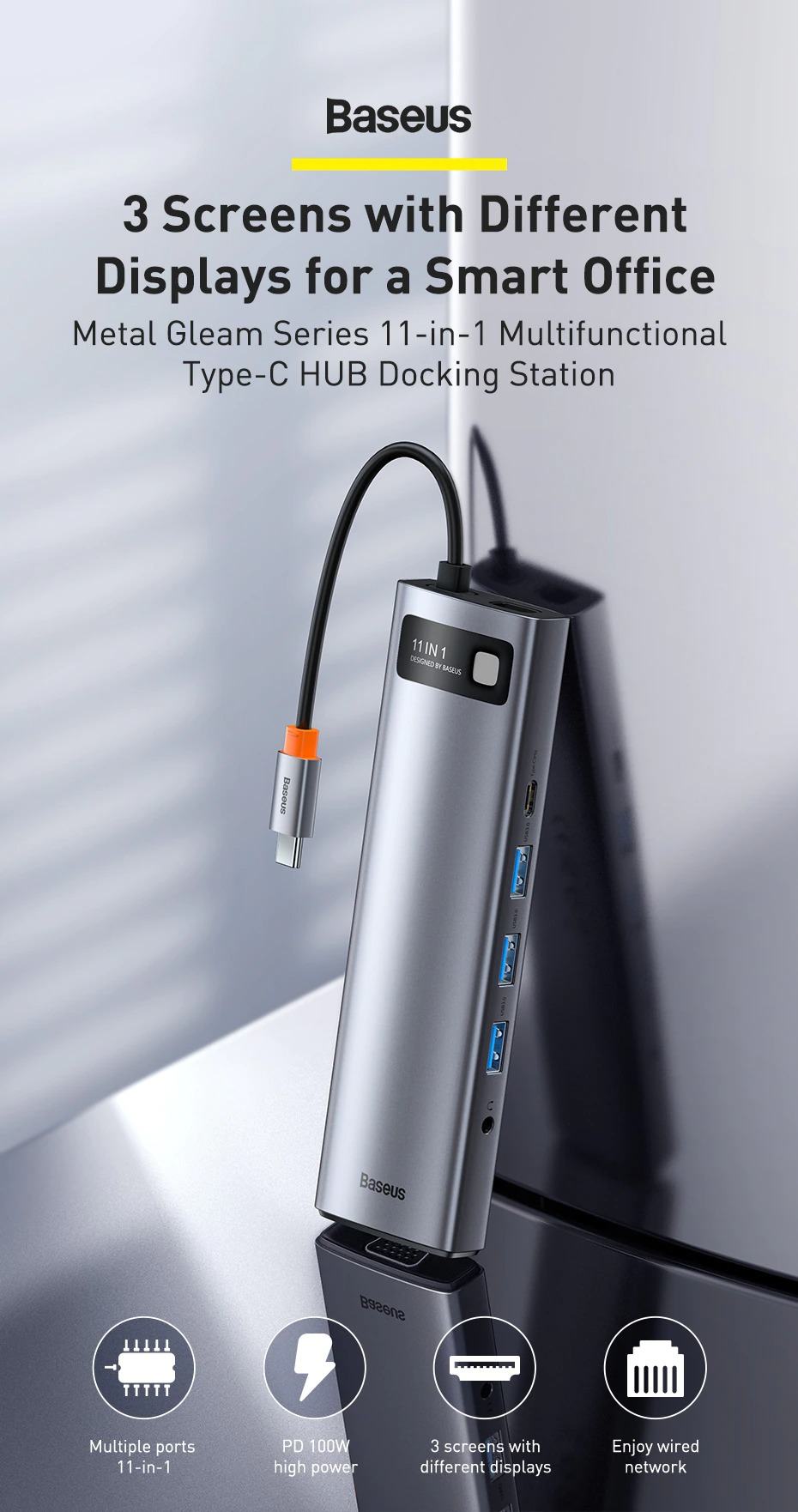 Hub Đa Chức Năng 11 in 1 Baseus Metal Gleam Series Multifunctional Type C Hub Docking Station Cho Laptop/ Macbook ( Type-C to HDMI/ VGA/ USB 3.0/ Card Reader/ RJ-45/AUX 3.5mm, New Upgrade Model 2021)