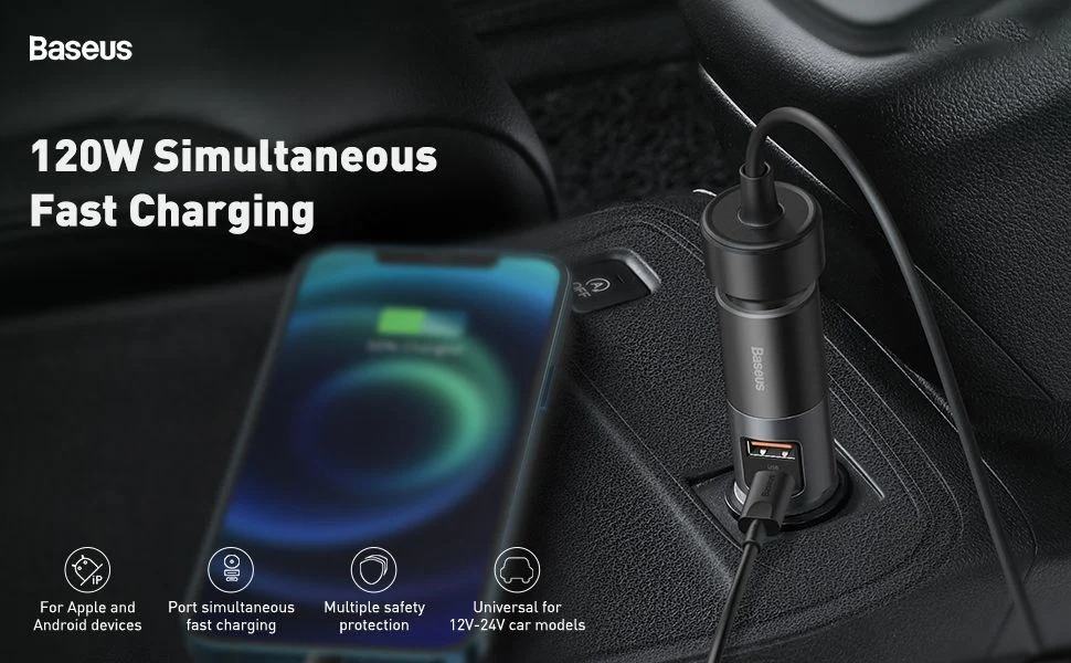 Tẩu sạc nhanh mở rộng 120W Baseus Share Together Fast Charge dùng cho xe hơi (120W, TypeC / USB Port, QC / PD3.0 Car Quick Charger with Cigarette Lighter Expansion Port )