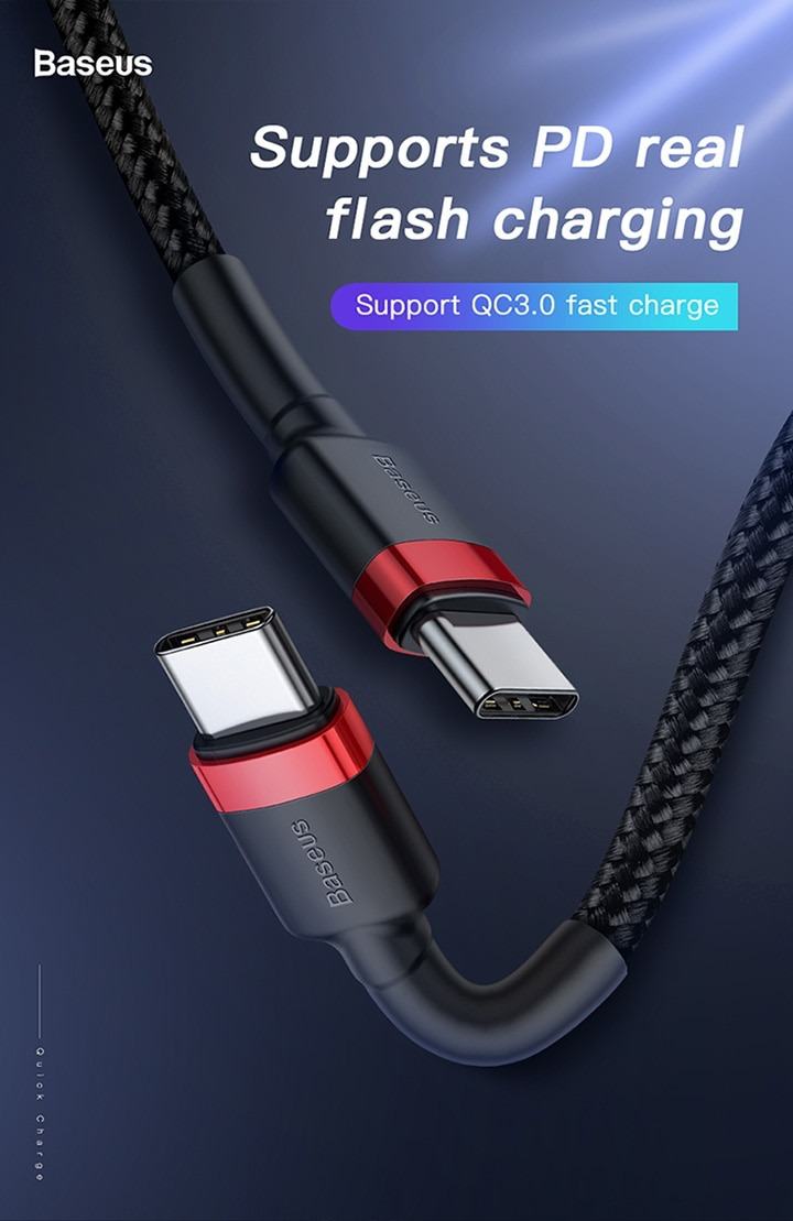 Cáp sạc nhanh & truyền data tốc độ cao Baseus Cafule C to C PD cho Smartphone/ Tablet / Macbook/ Laptop Type C (3A, 60W, Power Delivery, QC3.0 Quick Charge Cable)