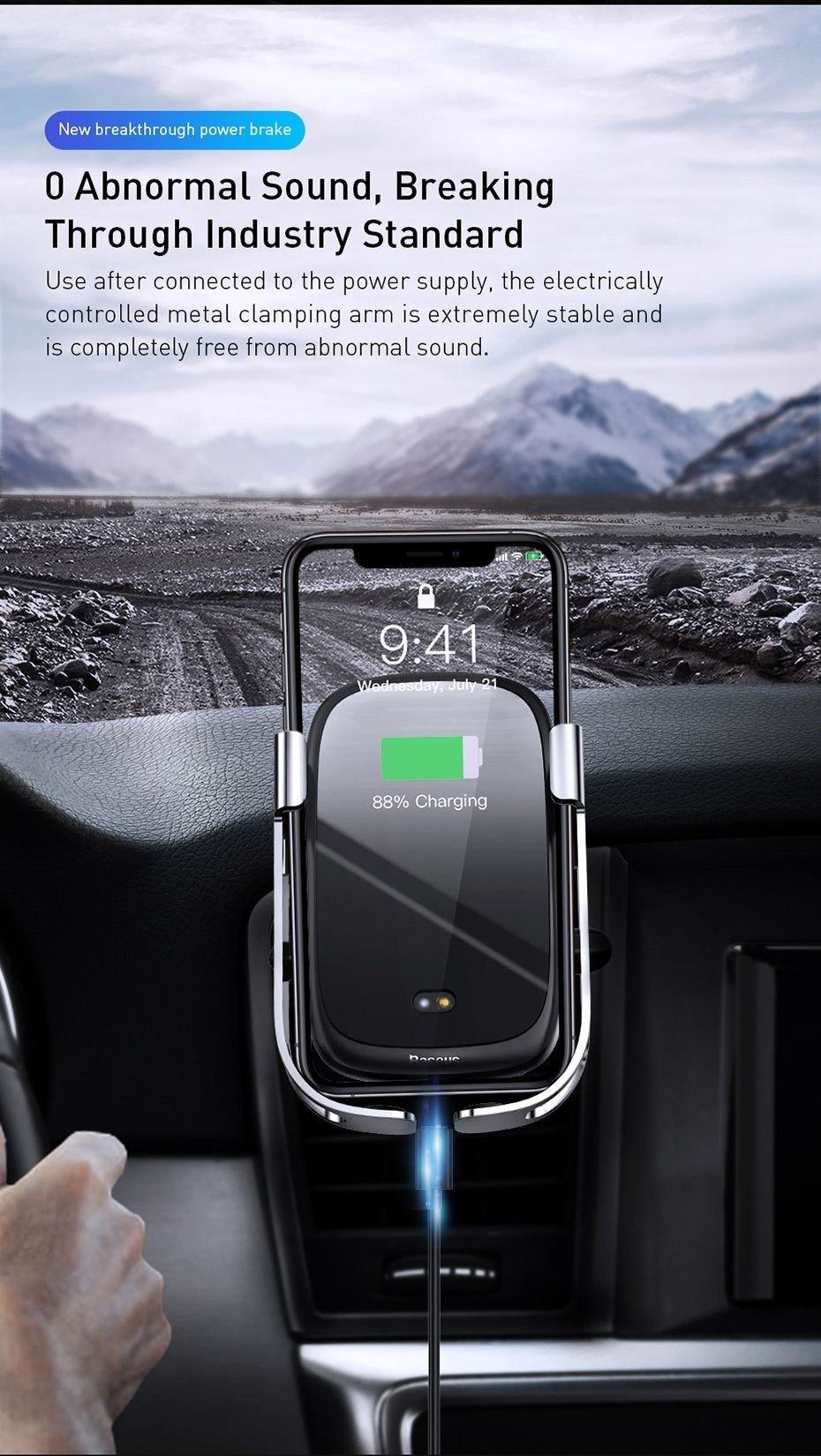 Bộ đế giữ điện thoại tích hợp sạc nhanh không dây Baseus Rock-solid Electric Holder 10W Wireless Charger (Auto Smart Lock by Sensor, Air Vent Car Mount) 